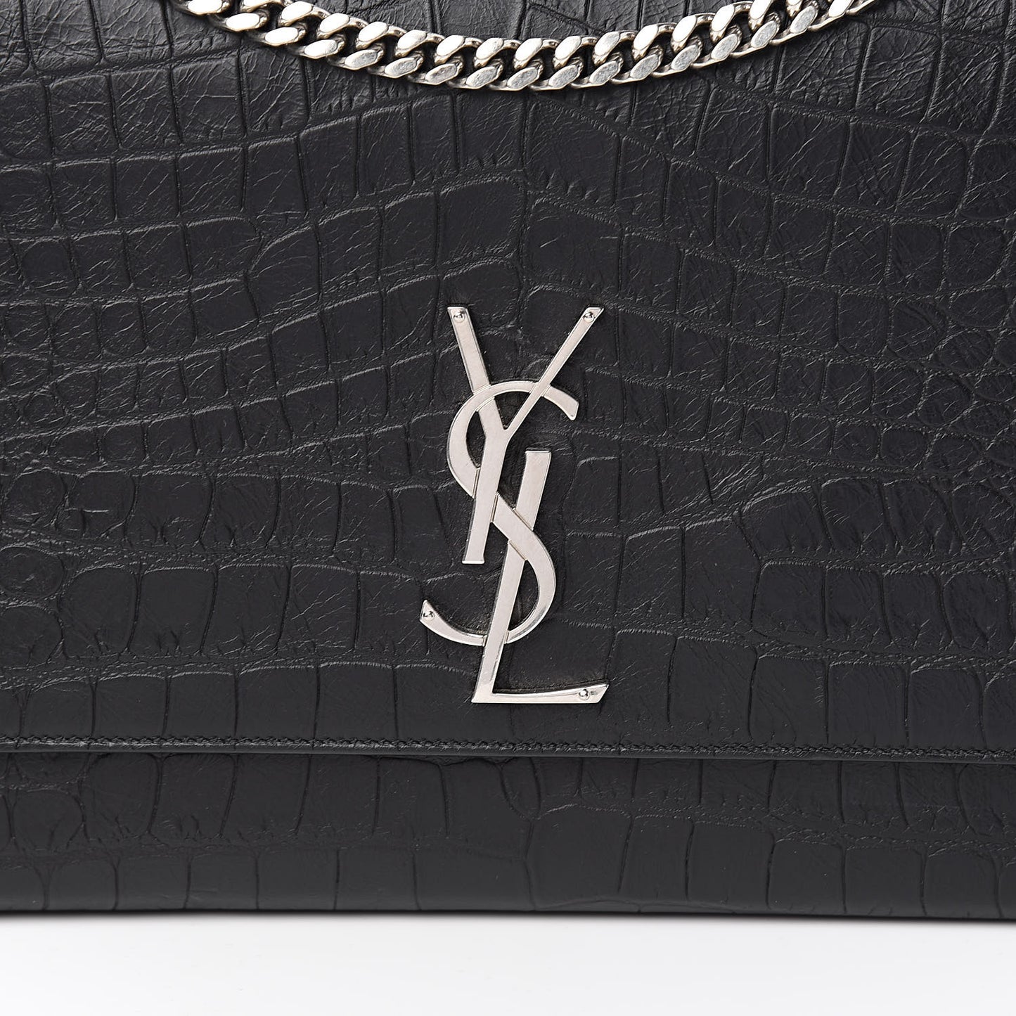 Calfskin Crocodile Embossed Large Classic Monogram Kate Satchel Black