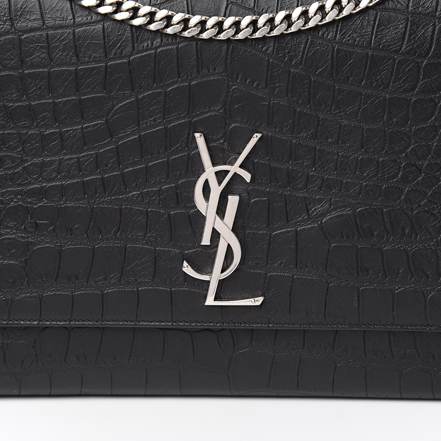 Saint Laurent Calfskin Crocodile Embossed Large Classic Monogram Kate Satchel Black 9 of 10