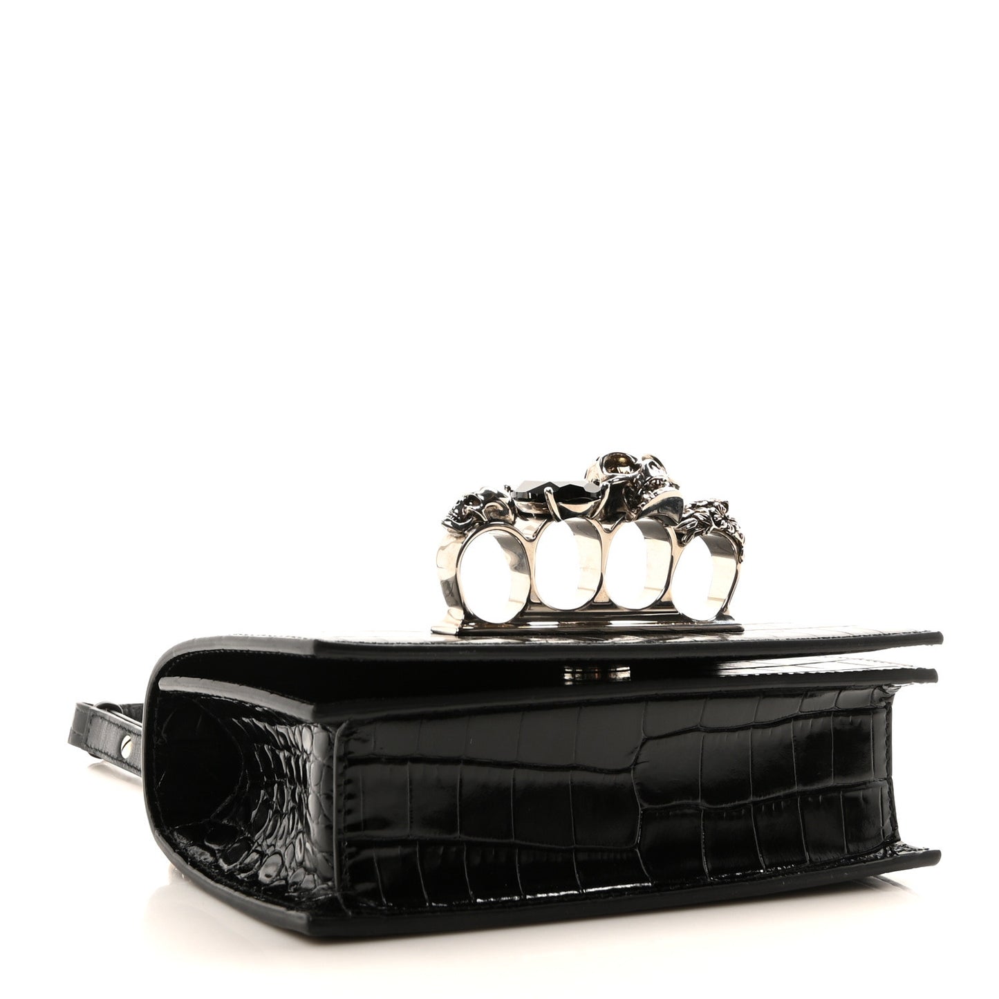 Calfskin Shiny Crocodile Embossed Jeweled Satchel Black