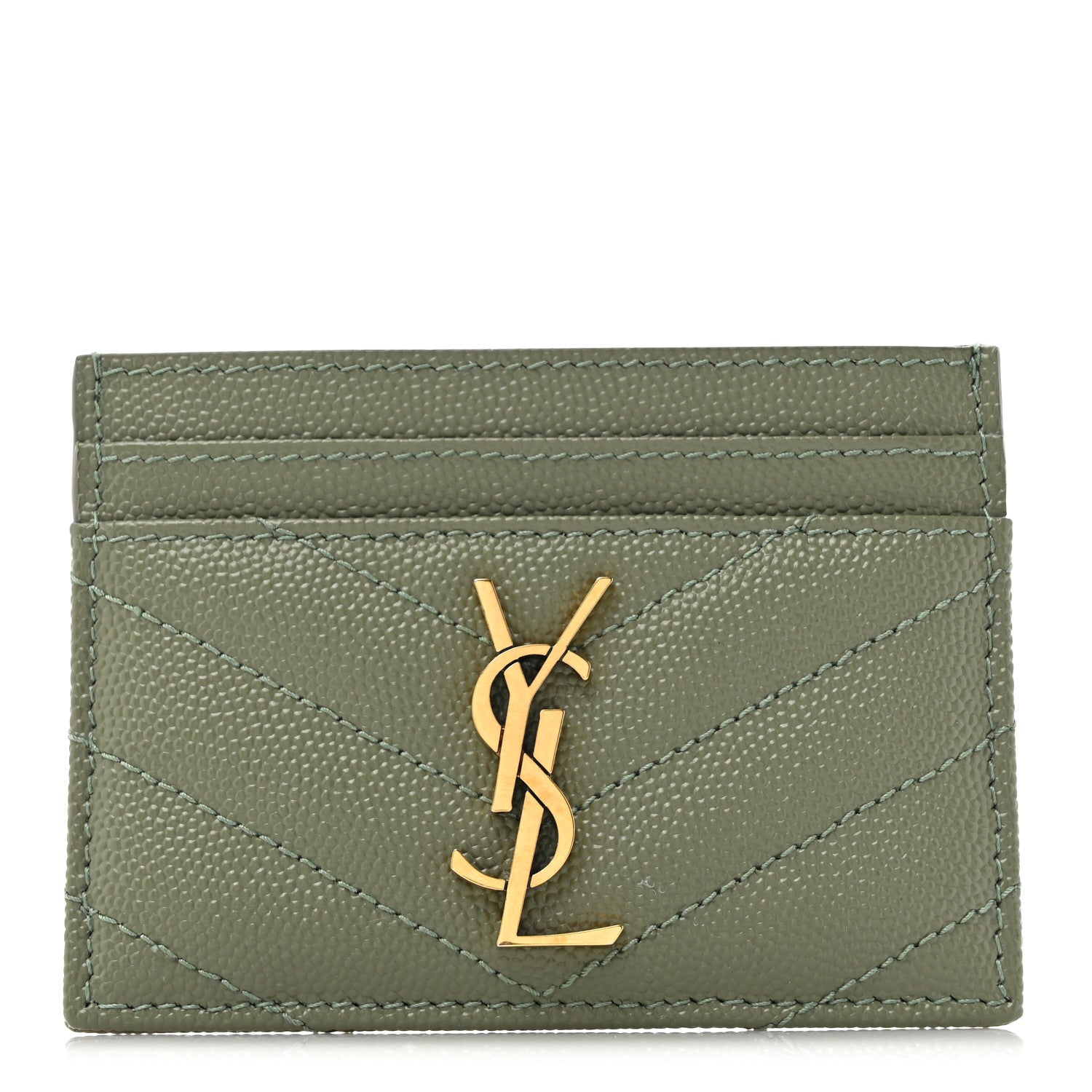 Saint Laurent Grain De Poudre Matelasse Chevron Monogram Credit Card Case Light Sage 1 of 8