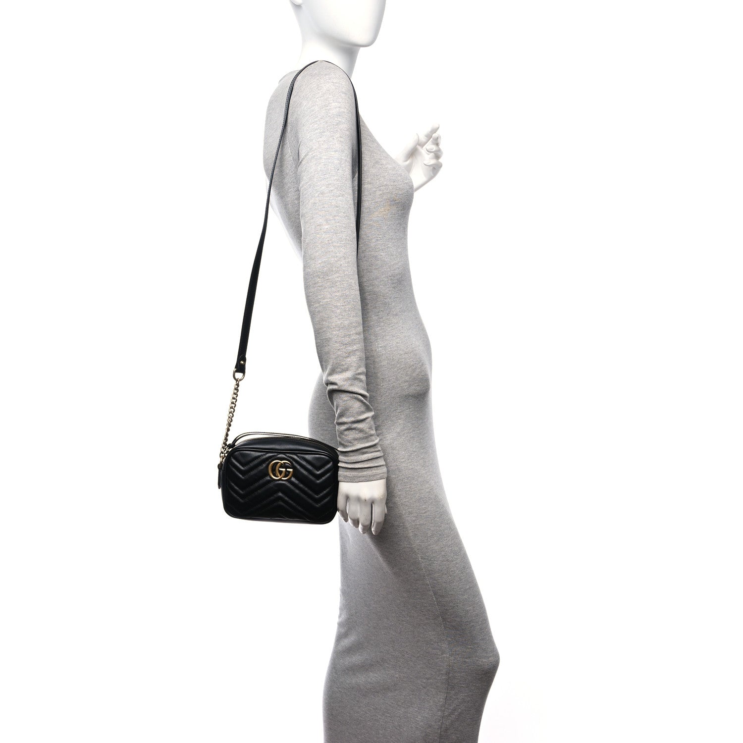 Gucci Calfskin Matelasse Mini GG Marmont Chain Shoulder Bag Black 2 of 12