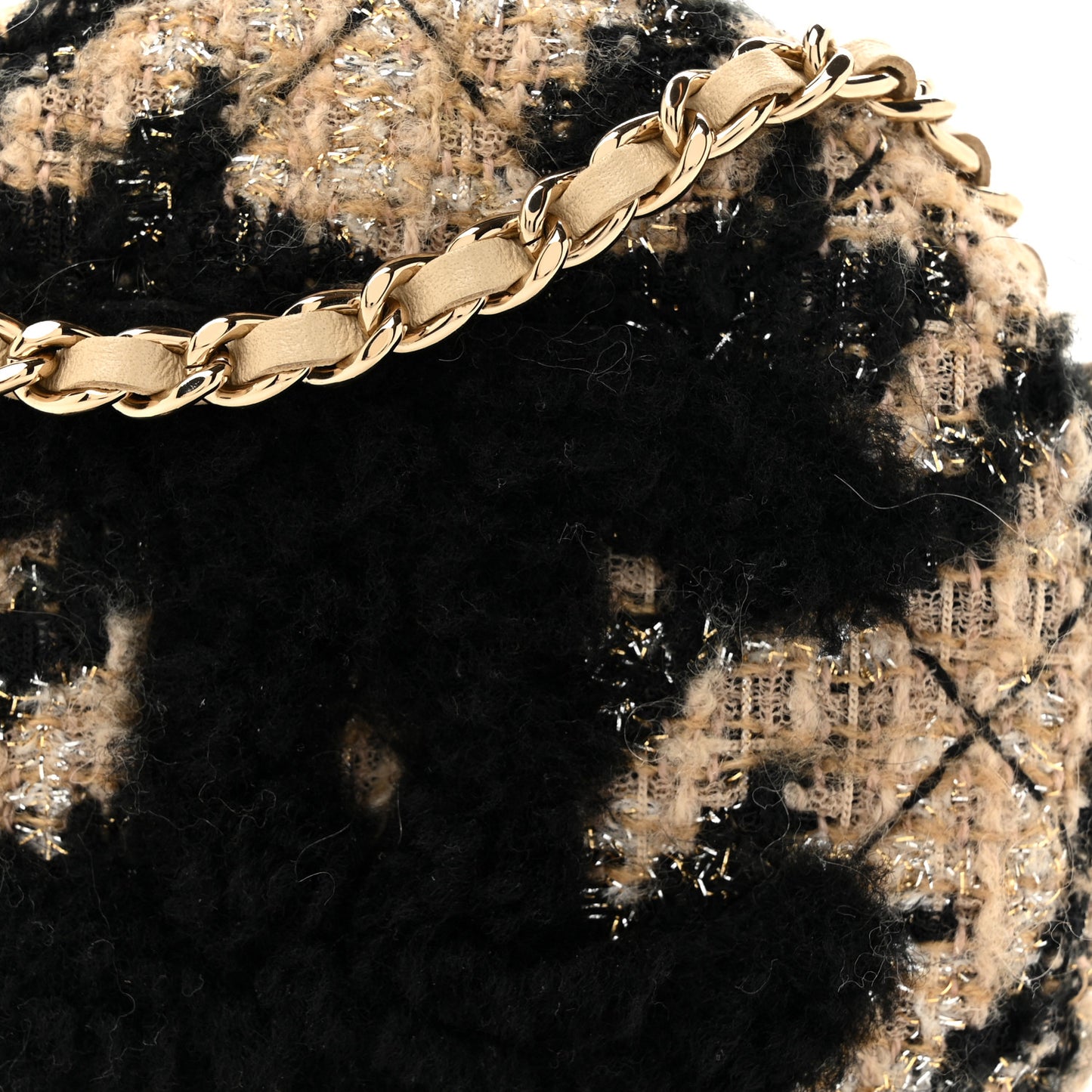 Tweed Shearling Round Clutch With Chain and Coin Purse Beige Black