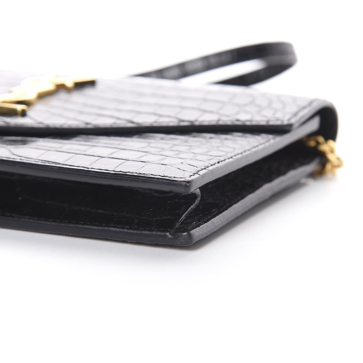 Saint Laurent Calfskin Crocodile Embossed Monogram Envelope Chain Wallet Black 10 of 13