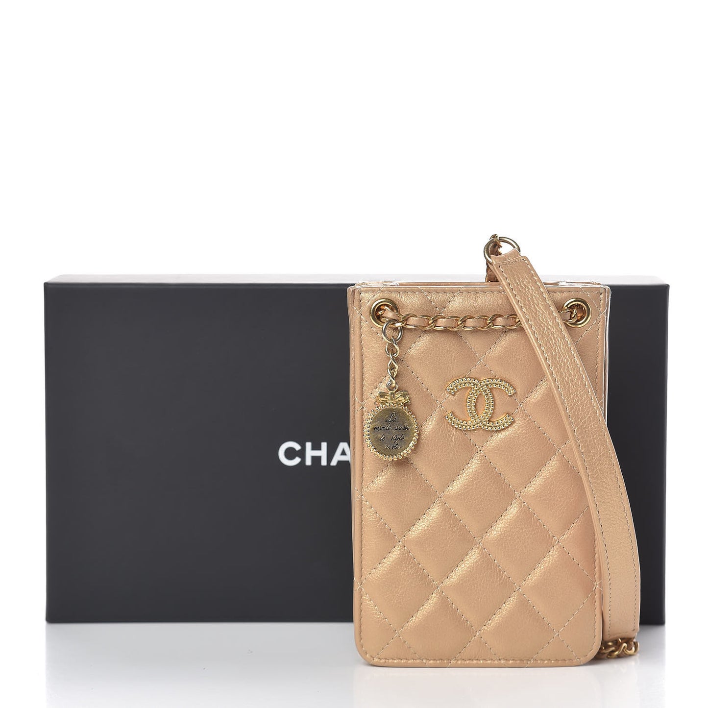 Metallic Calfskin Quilted Crossbody CC Phone Holder Gold