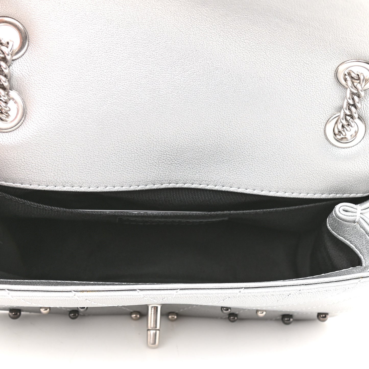 Metallic Lambskin Chevron Quilted Studded Mini Rectangular Flap Silver