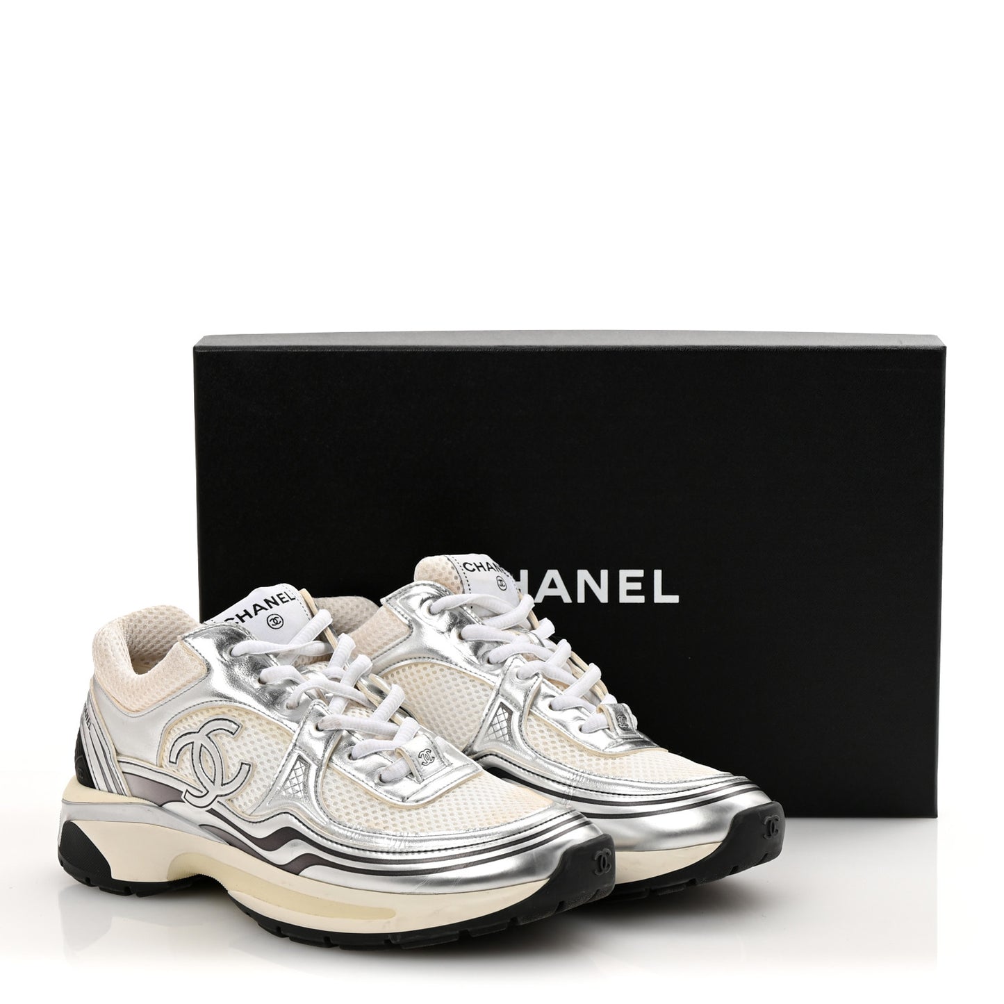 Fabric Laminated Calfskin Stretch CC Sneakers 37 White Silver
