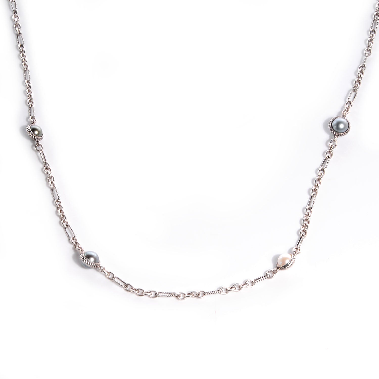 David Yurman Sterling Silver Pearl Cable Classics Figaro Chain Necklace 1 of 5