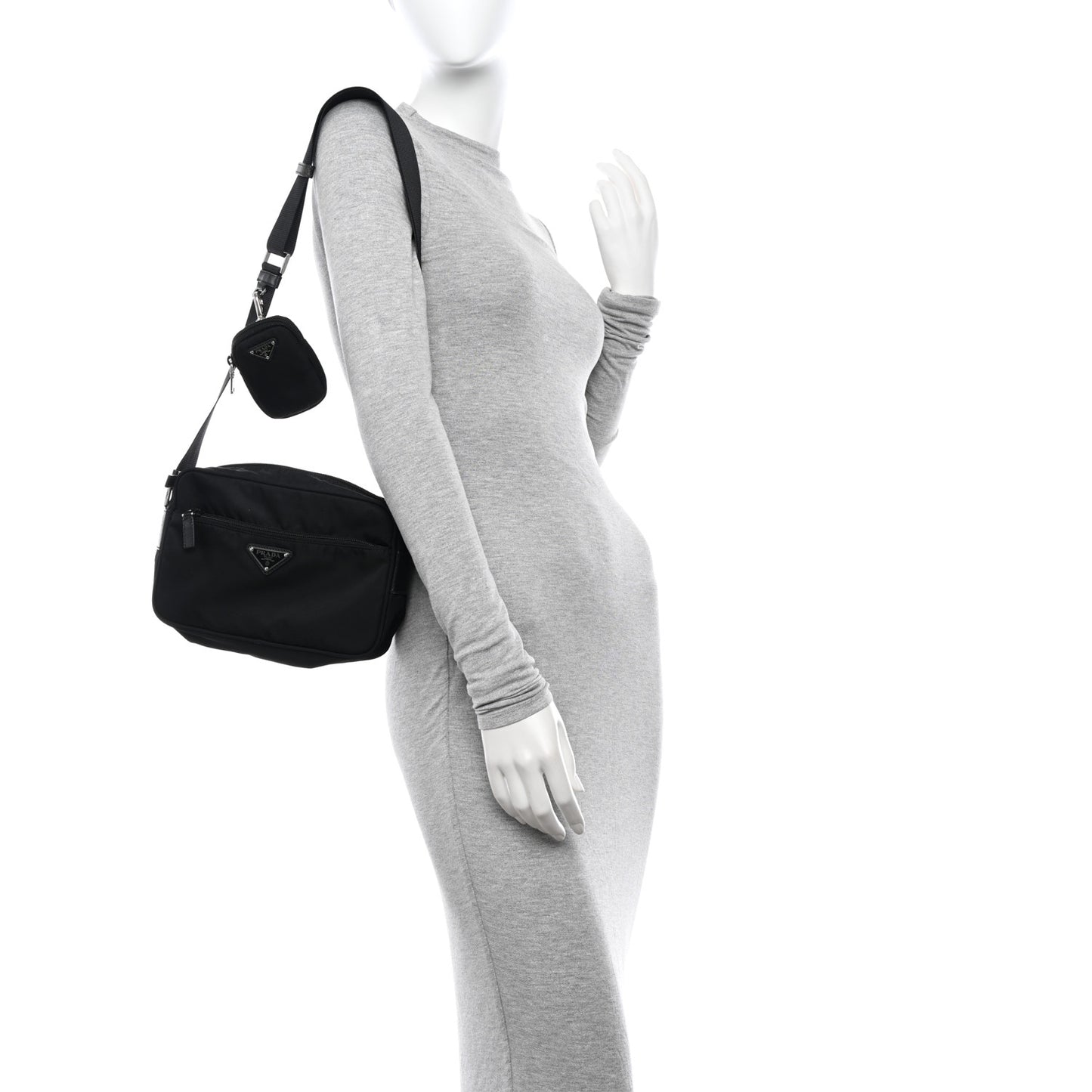 Re-Nylon Vela Saffiano Pocket Double Zip Shoulder Bag Black