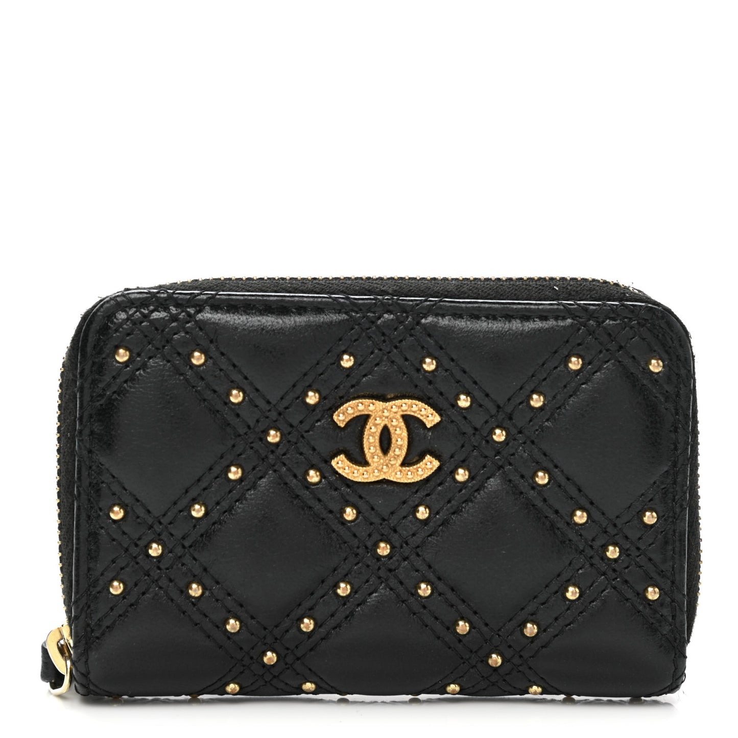 Lambskin Studded Quilted Compact Zip Around Wallet Black