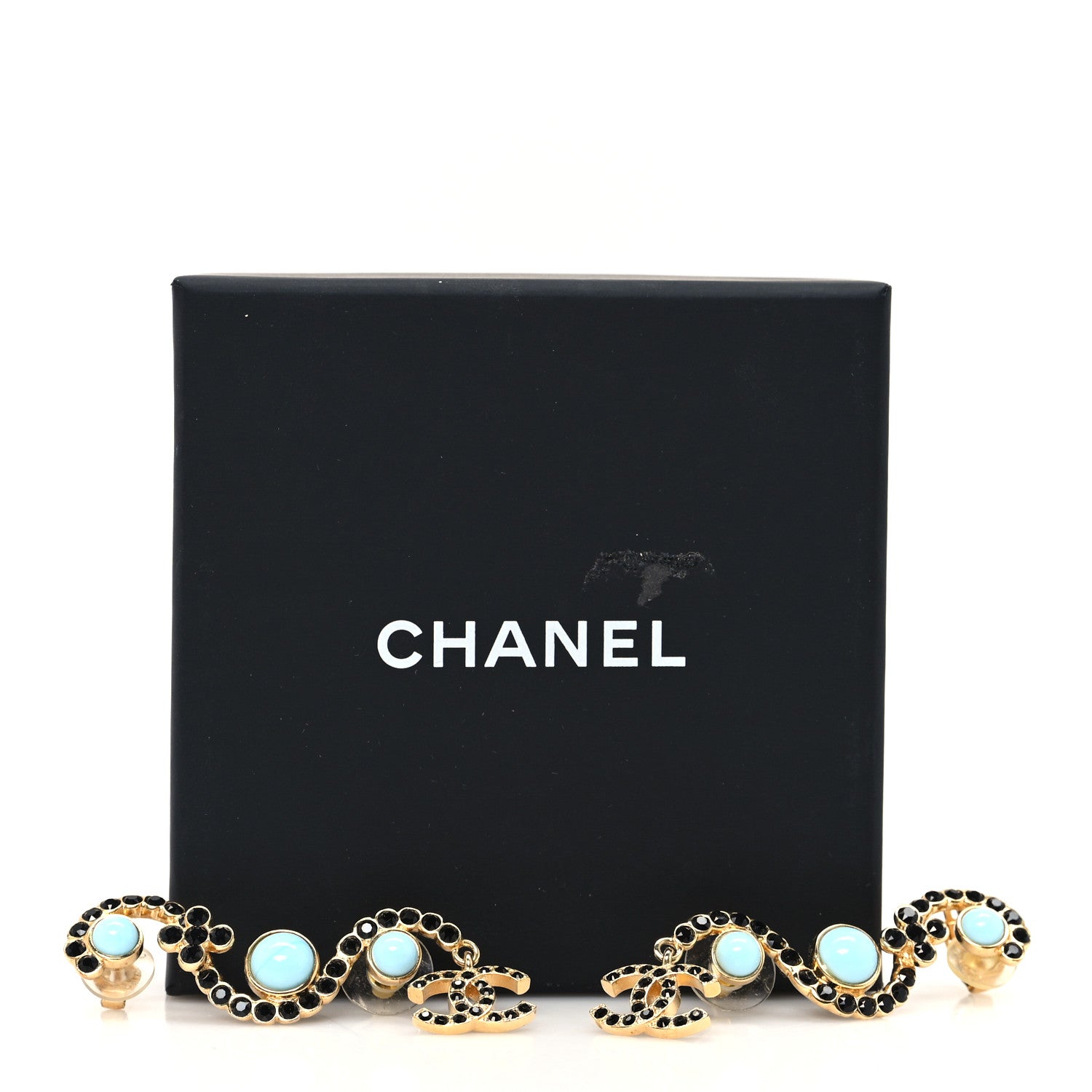 Chanel Crystal Bead CC Climber Earrings Gold Black Turquoise 5 of 5