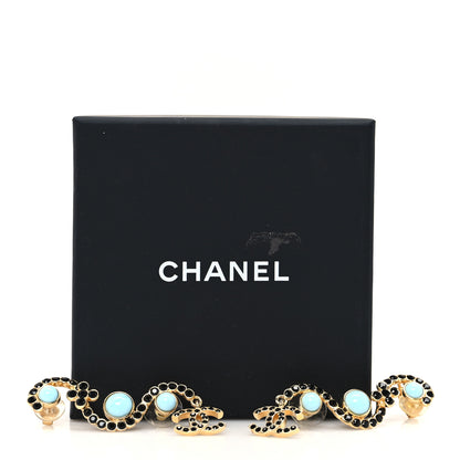 Chanel Crystal Bead CC Climber Earrings Gold Black Turquoise 5 of 5