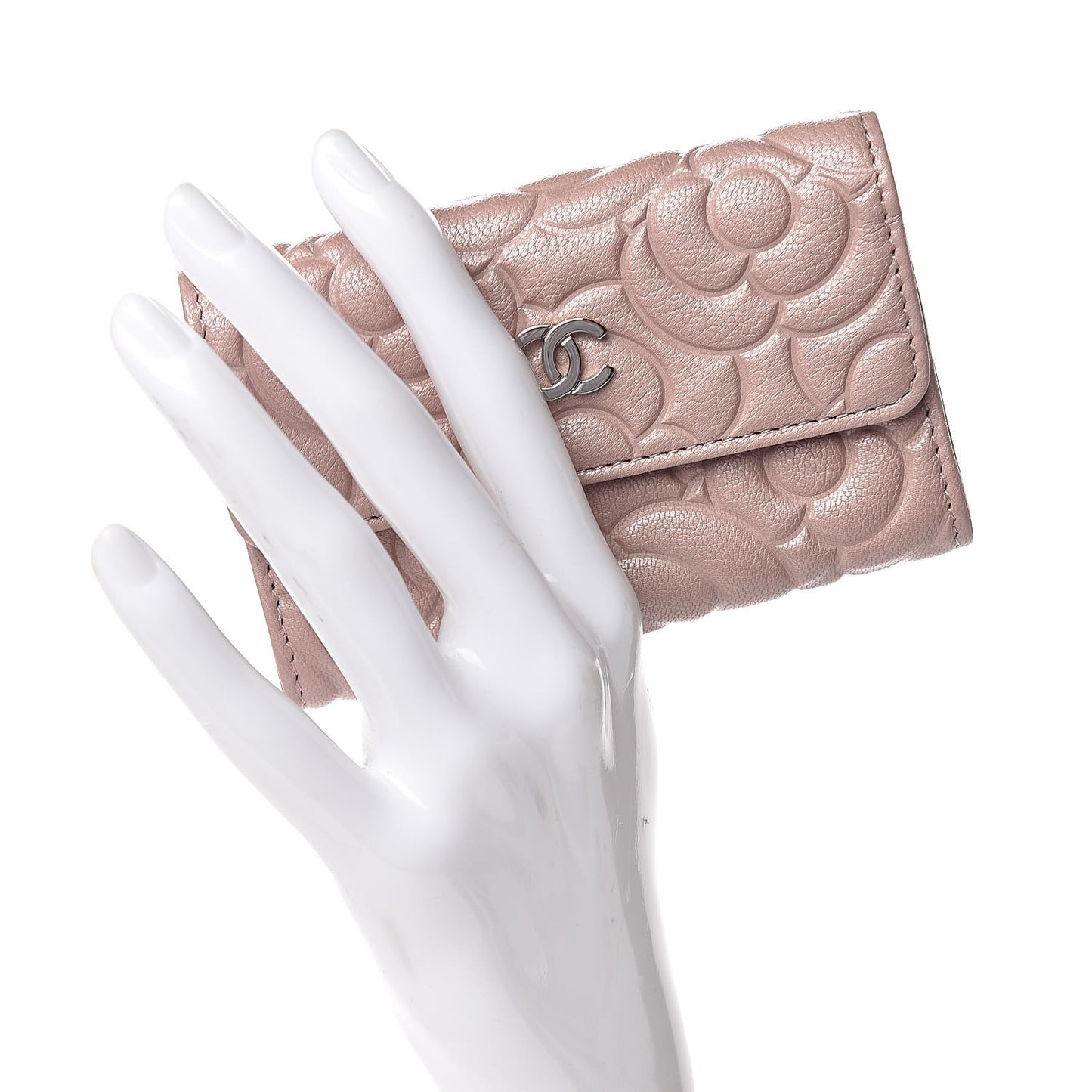 Goatskin Camellia Embossed Card Holder Wallet Light Pink