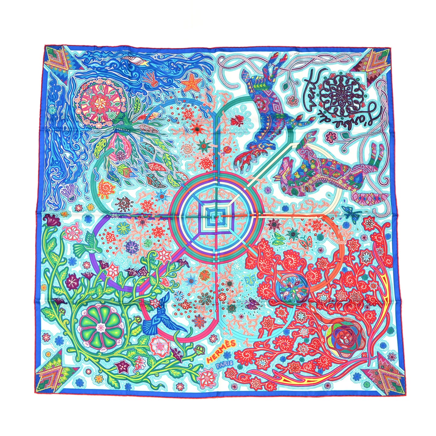 Silk Le Arbre Du Vent Scarf 90 Turquoise Vert Rose