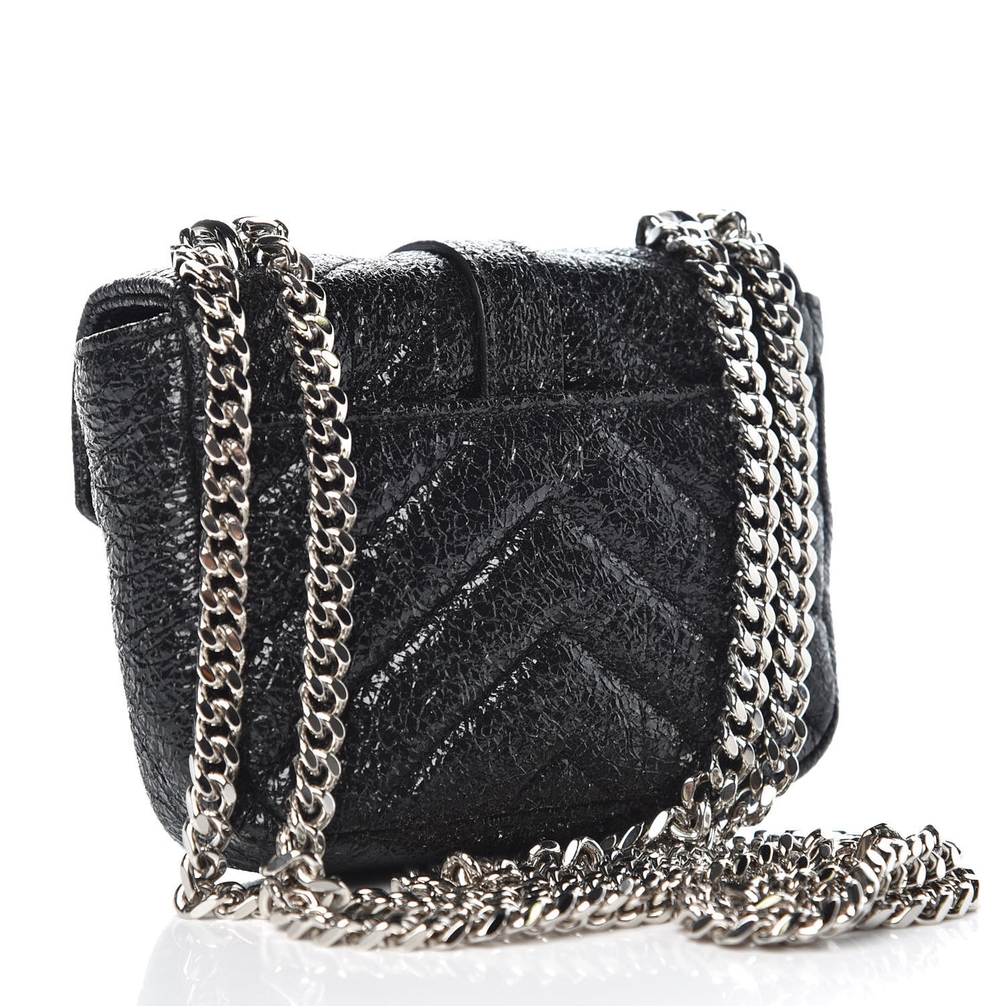 Metallic Crackled Calfskin Chevron Monogram Micro Crossbody Bag Black