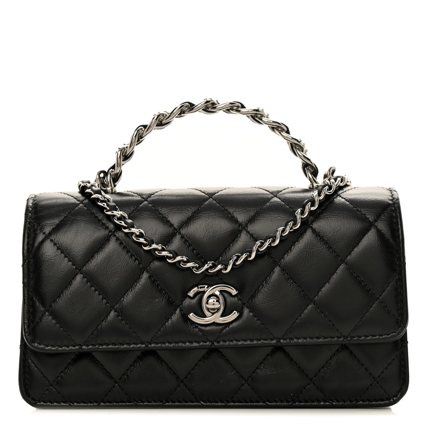 Shiny Crumpled Calfskin Strass Quilted Top Handle Clutch With Chain Black
