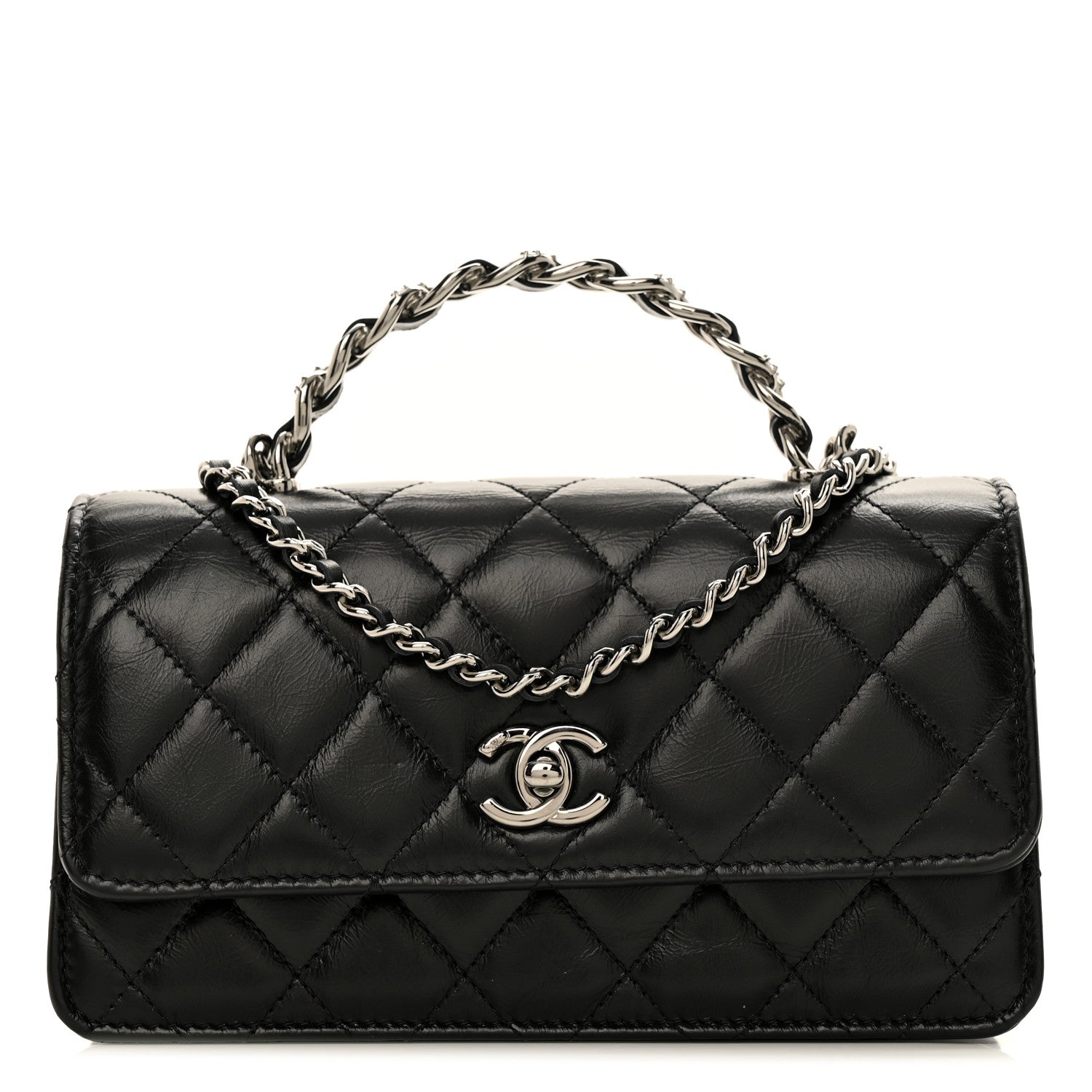 Chanel Shiny Crumpled Calfskin Strass Quilted Top Handle Clutch With Chain Black 1 of 11