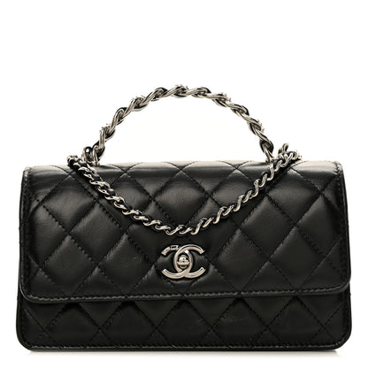 Chanel Shiny Crumpled Calfskin Strass Quilted Top Handle Clutch With Chain Black 1 of 11
