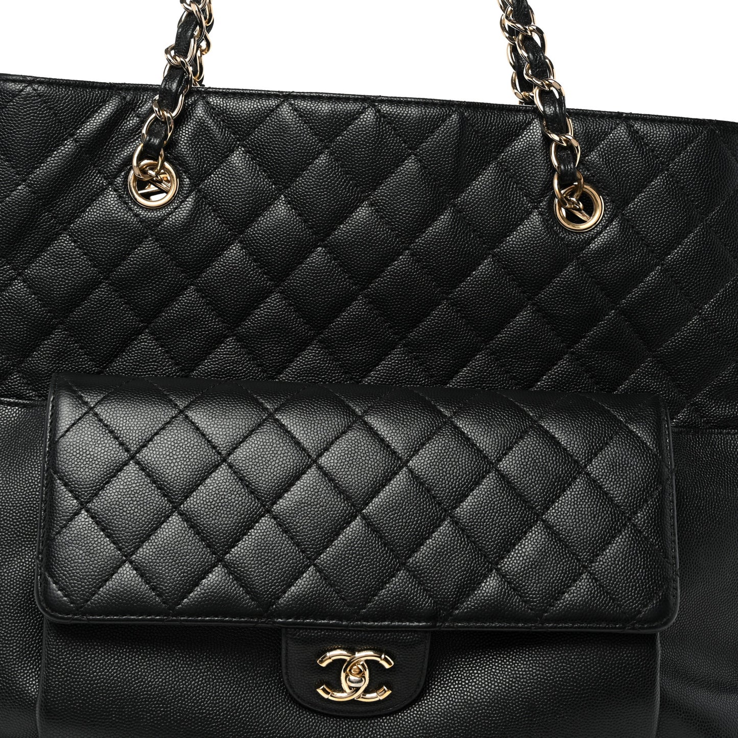 Caviar Quilted Large Flap Shopping Tote Black