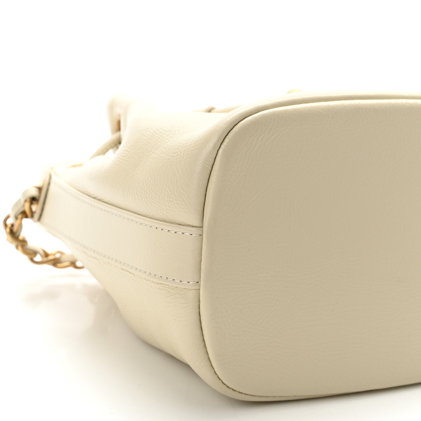 Shiny Aged Calfskin CC Chain Mini Drawstring Bag White