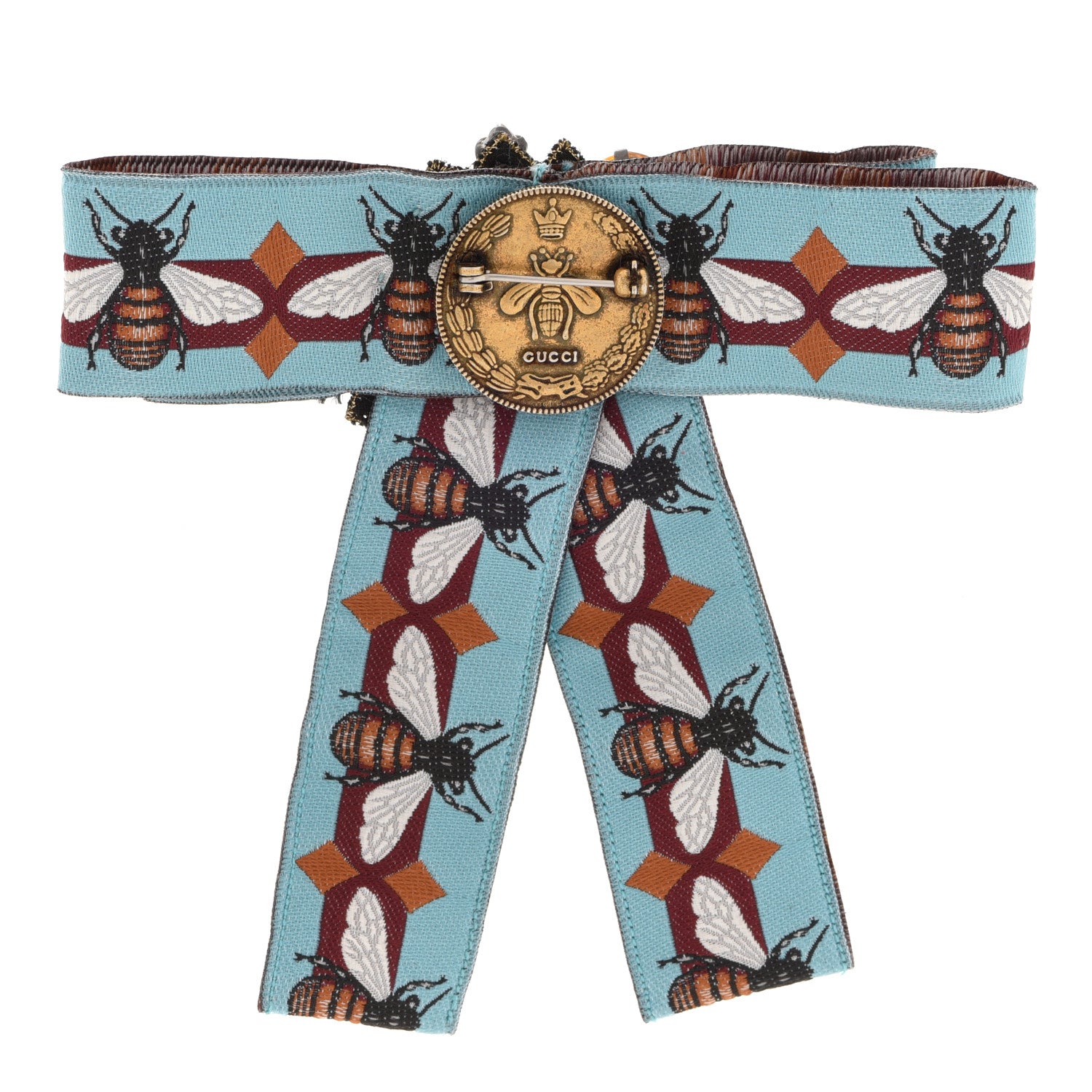 Gucci Jacquard Ribbon Metal Crystal Bee Bow Brooch Burgundy Blue 3 of 4