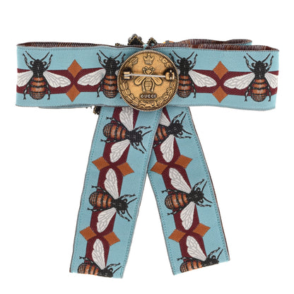 Gucci Jacquard Ribbon Metal Crystal Bee Bow Brooch Burgundy Blue 3 of 4