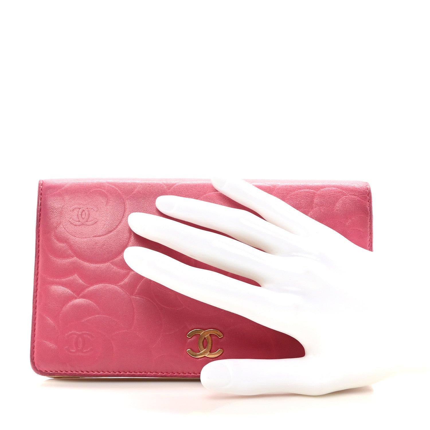 Chanel Lambskin Camellia Embossed Yen Wallet Fuchsia 2 of 10