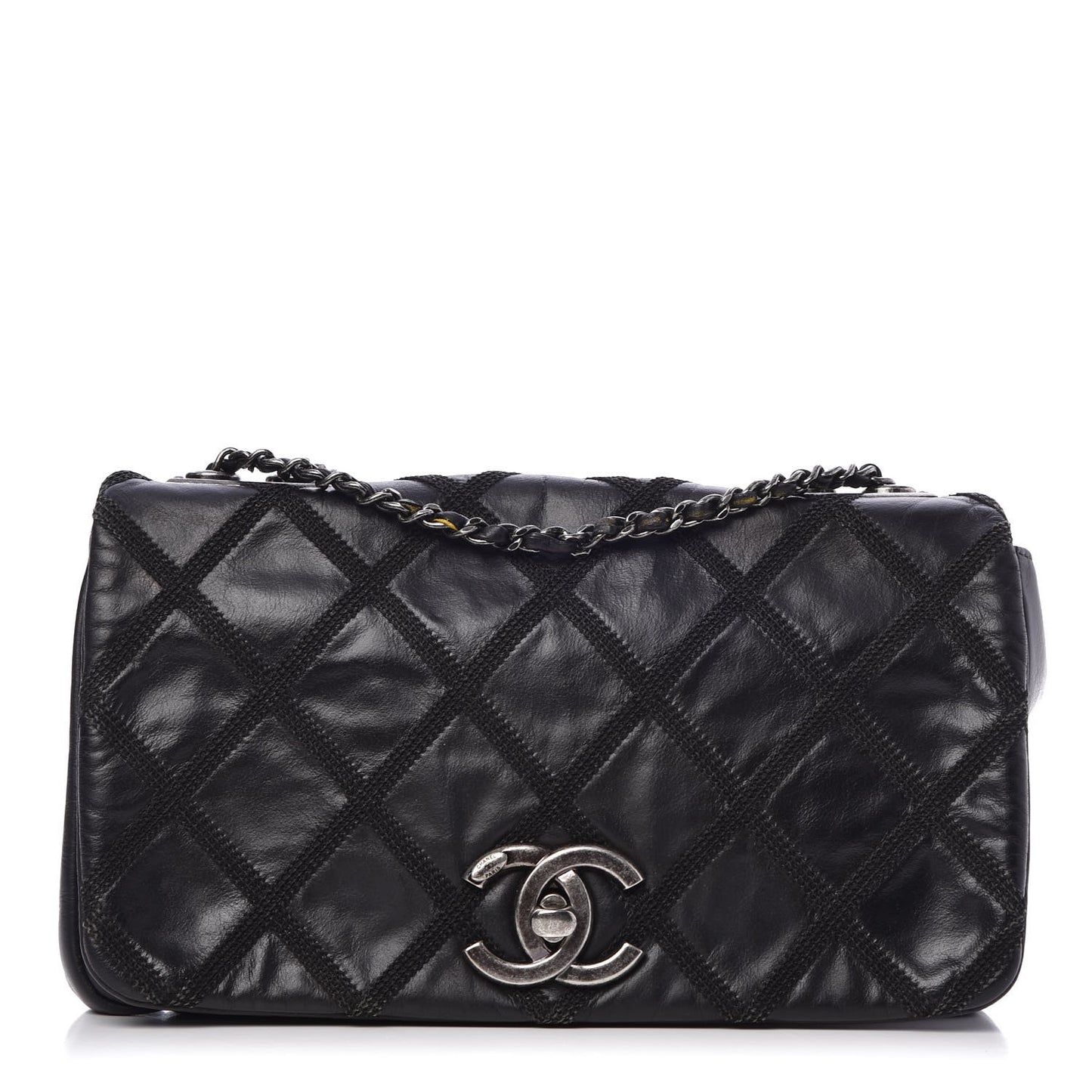 Calfskin Diamond Embroidered Medium Flap Black