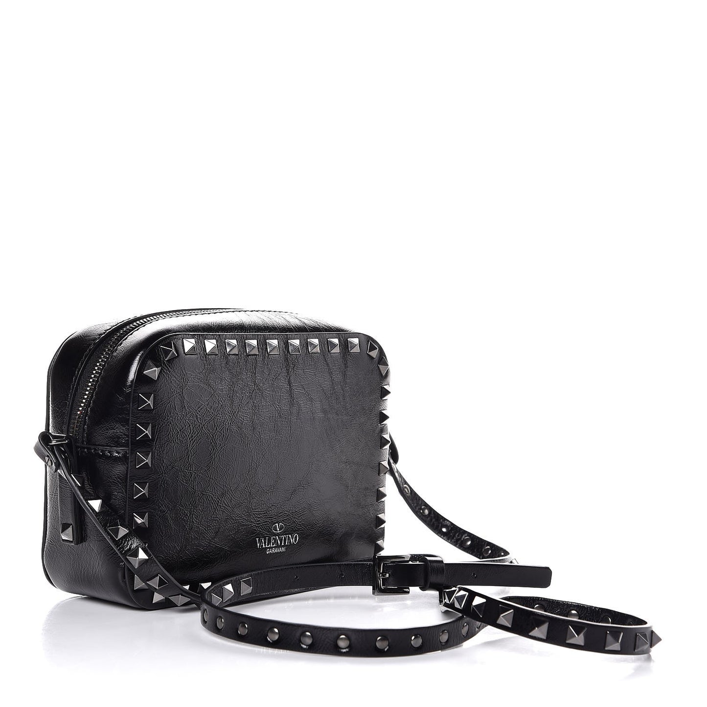 Craquele Calfskin Rockstud Camera Crossbody Bag Black