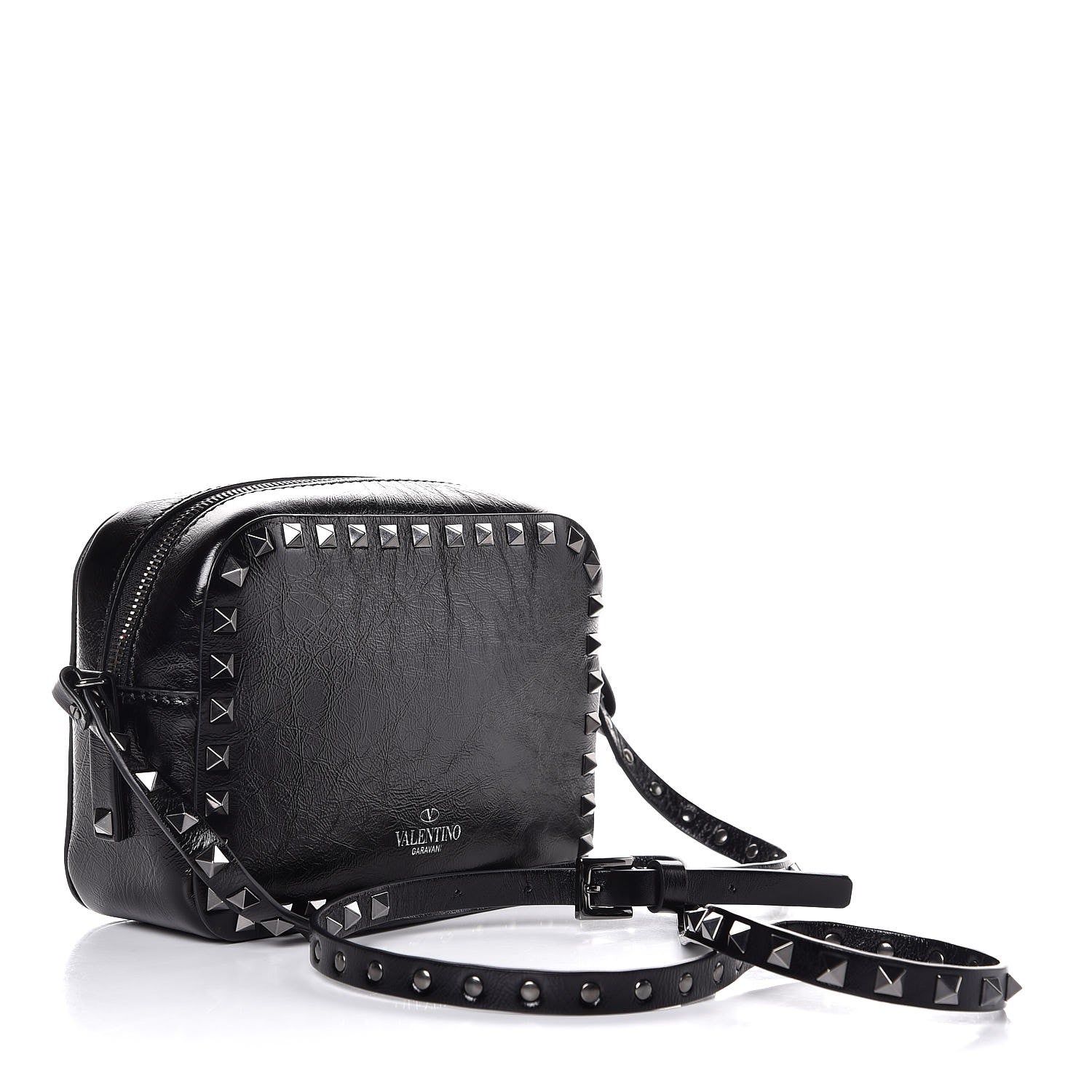 Valentino Garavani Craquele Calfskin Rockstud Camera Crossbody Bag Black 3 of 6