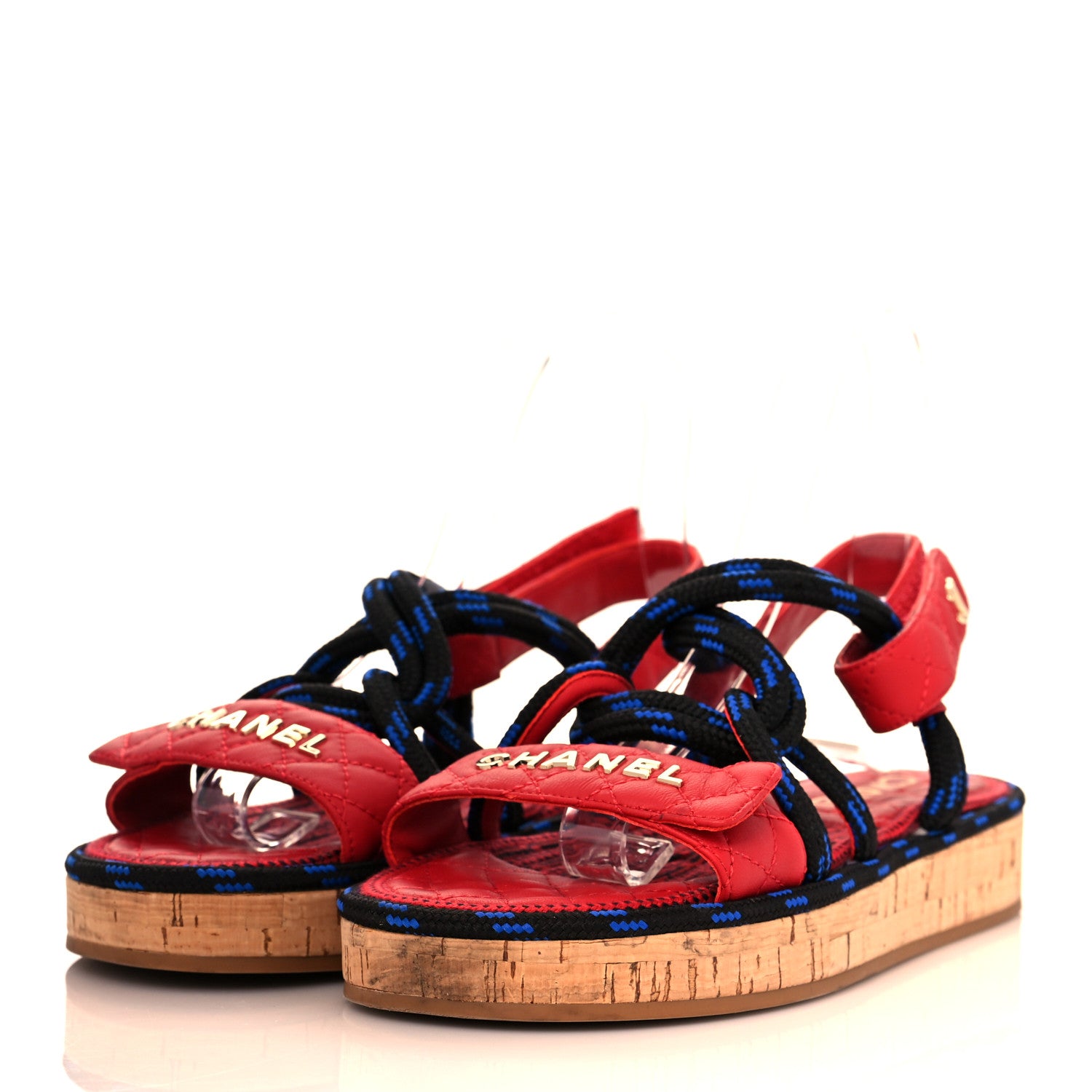 Chanel Cord Lambskin Quilted Logo Sandals 37 Red Blue 3 of 10