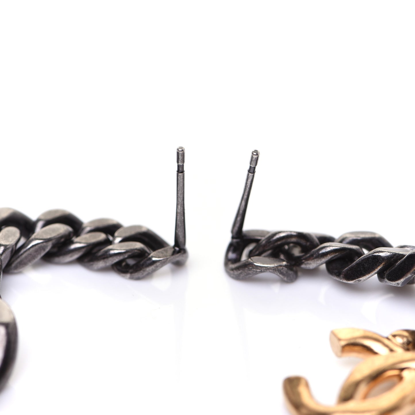 Metal CC Drop Earrings Ruthenium Gold
