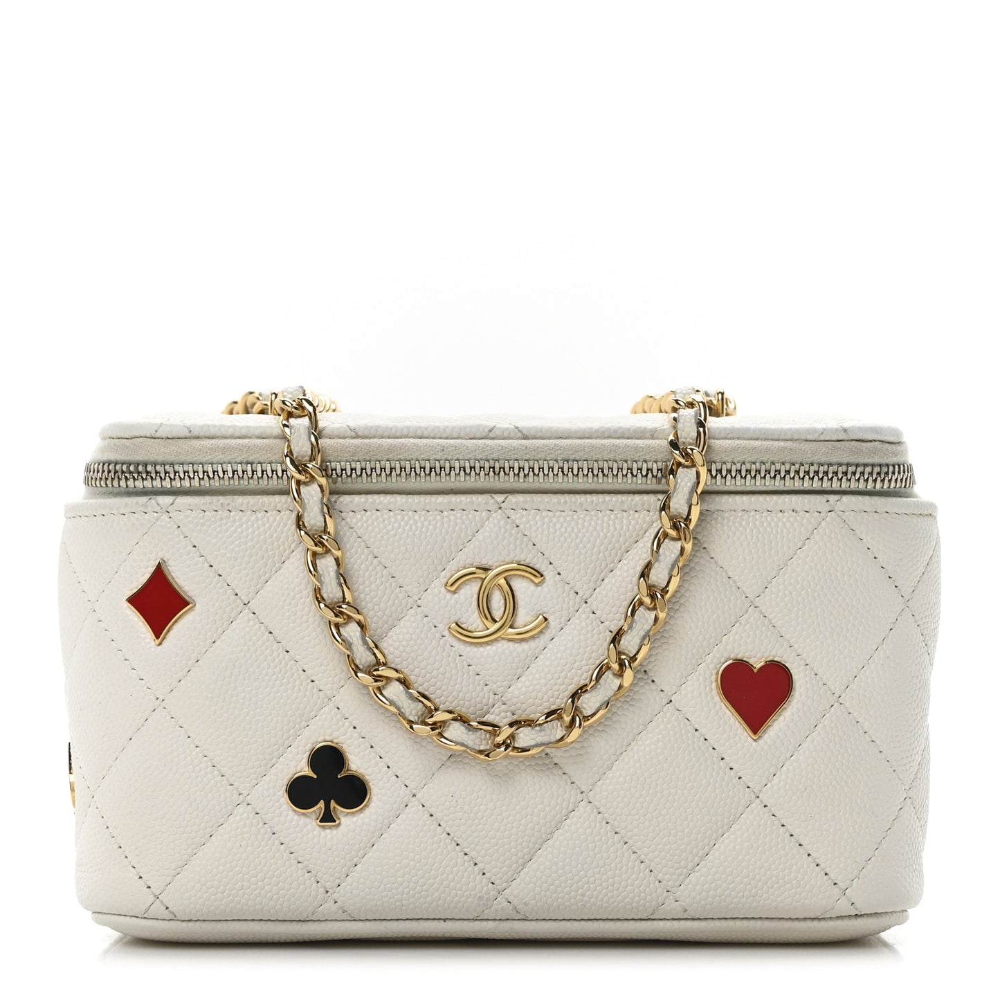 Caviar Quilted Enamel Coco Casino Small Vanity Case With Chain White White