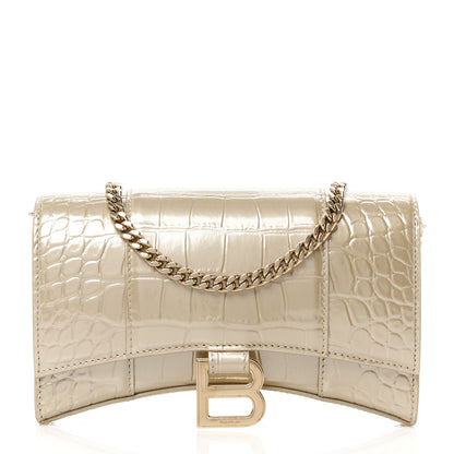 Balenciaga Metallic Calfskin Crocodile Embossed Hourglass Chain Bag Light Gold 1 of 10