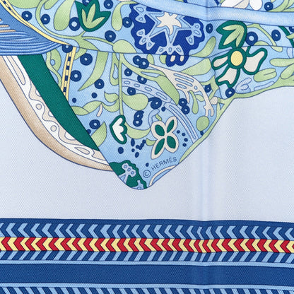 Hermes Silk Selle Des Steppes Scarf 90 Bleu Ciel Bleu Jean Vert 6 of 6