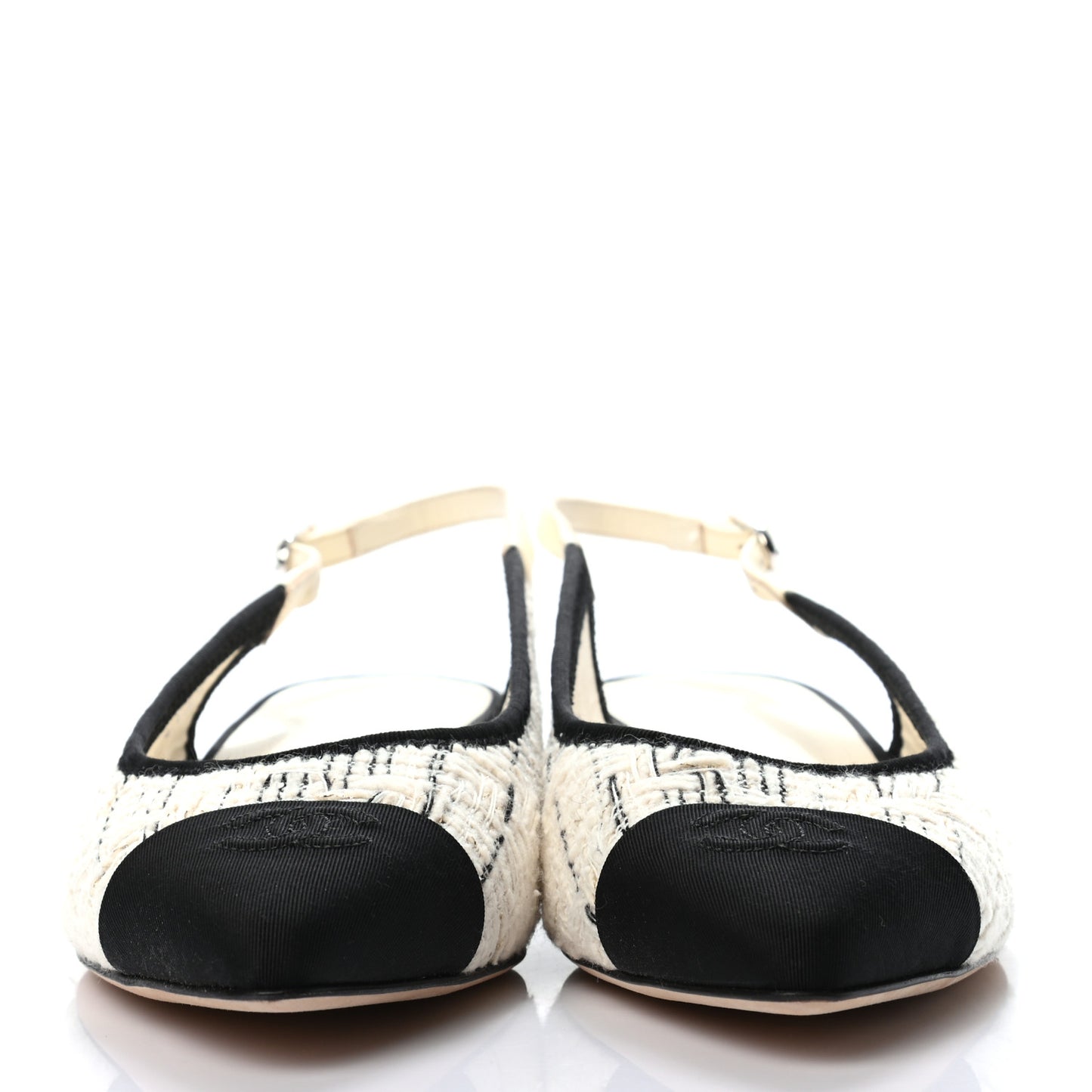 Tweed Cap Toe CC Slingback Flat 38.5 Ecru Black