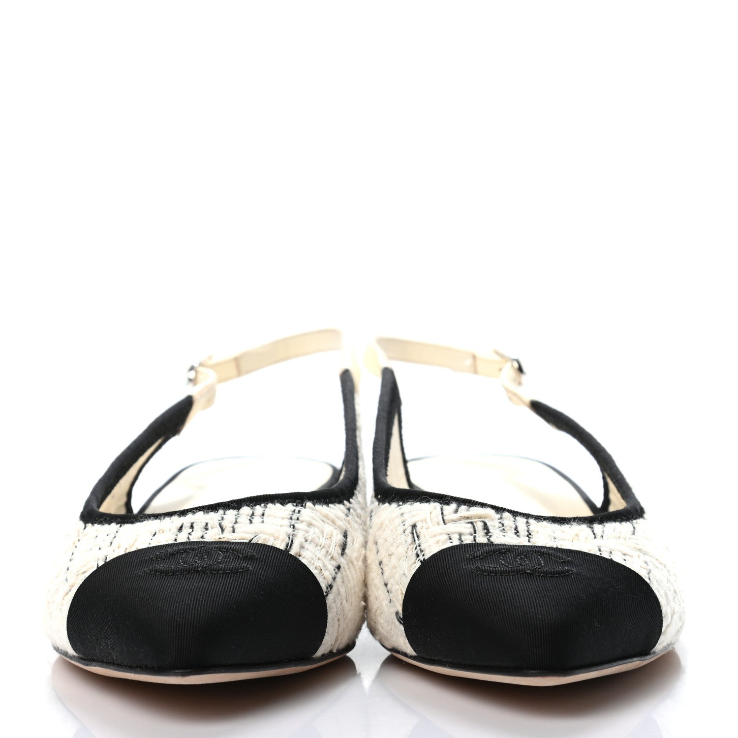 Chanel Tweed Cap Toe CC Slingback Flat 38.5 Ecru Black 2 of 9