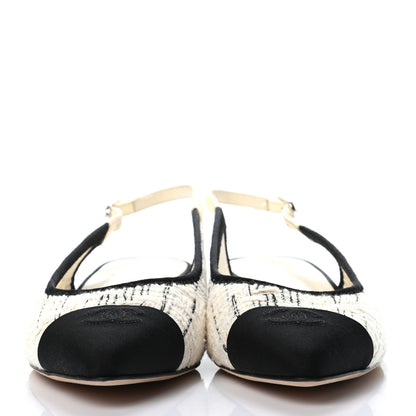 Chanel Tweed Cap Toe CC Slingback Flat 38.5 Ecru Black 2 of 9