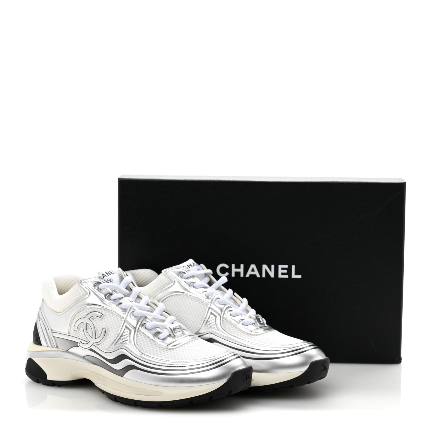 Chanel Fabric Laminated Calfskin Stretch CC Sneakers 39.5 White Silver 10 of 10