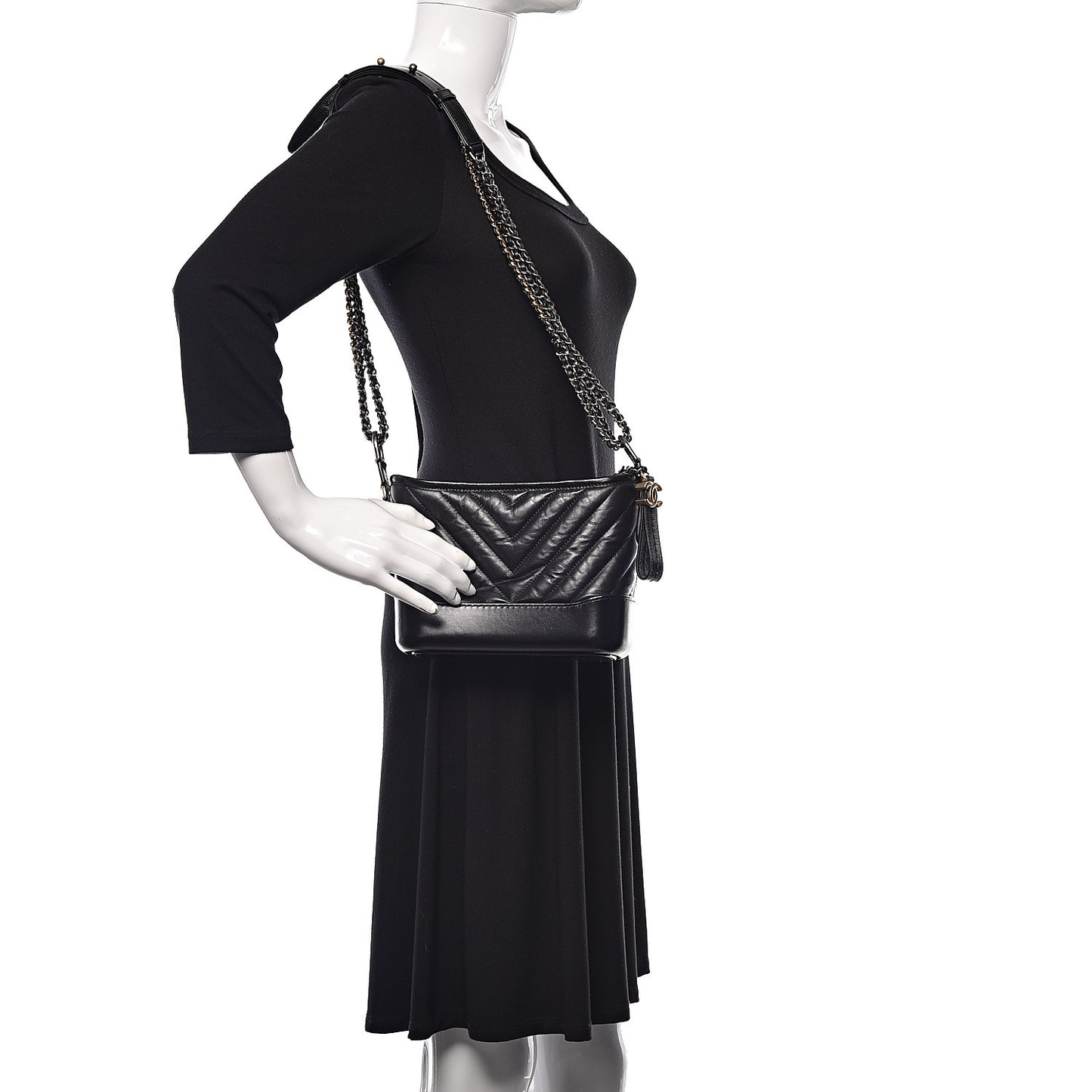 Aged Calfskin Chevron Quilted Small Gabrielle Hobo Black