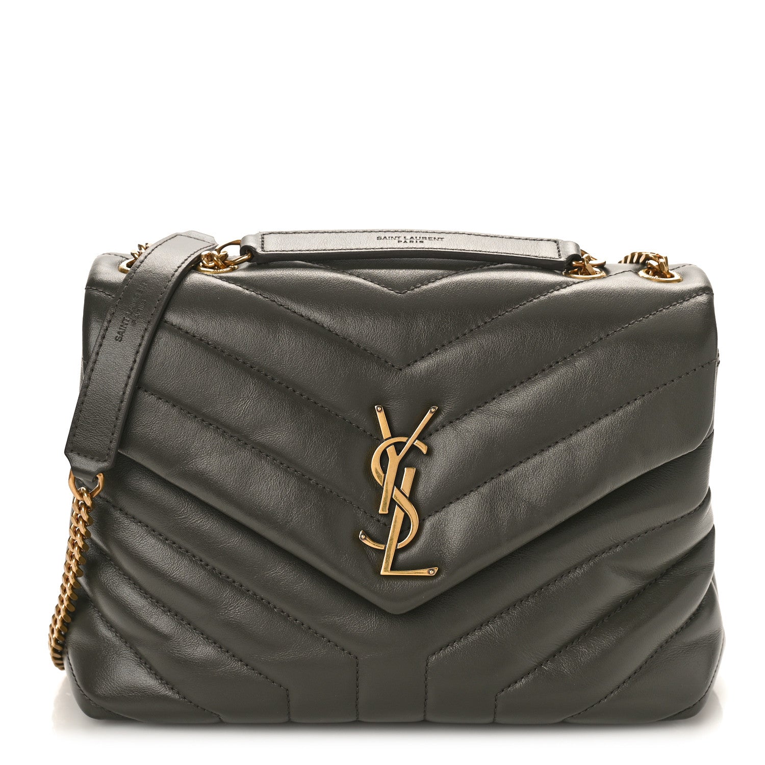 Saint Laurent Calfskin Y Quilted Monogram Small Loulou Chain Satchel Grey Khaki 1 of 8