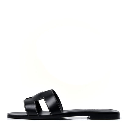 Hermes Box Calfskin Oran Sandals 38.5 Black 1 of 6