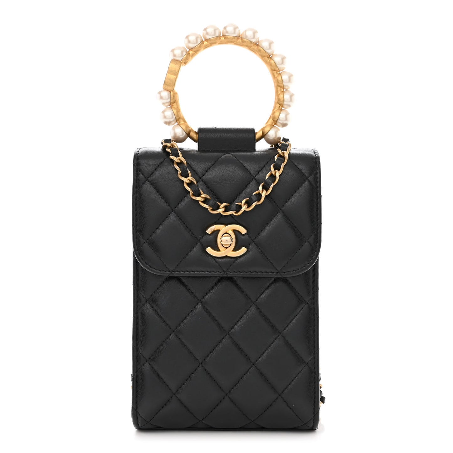 Lambskin Quilted Pearl Crown Phone Holder Black