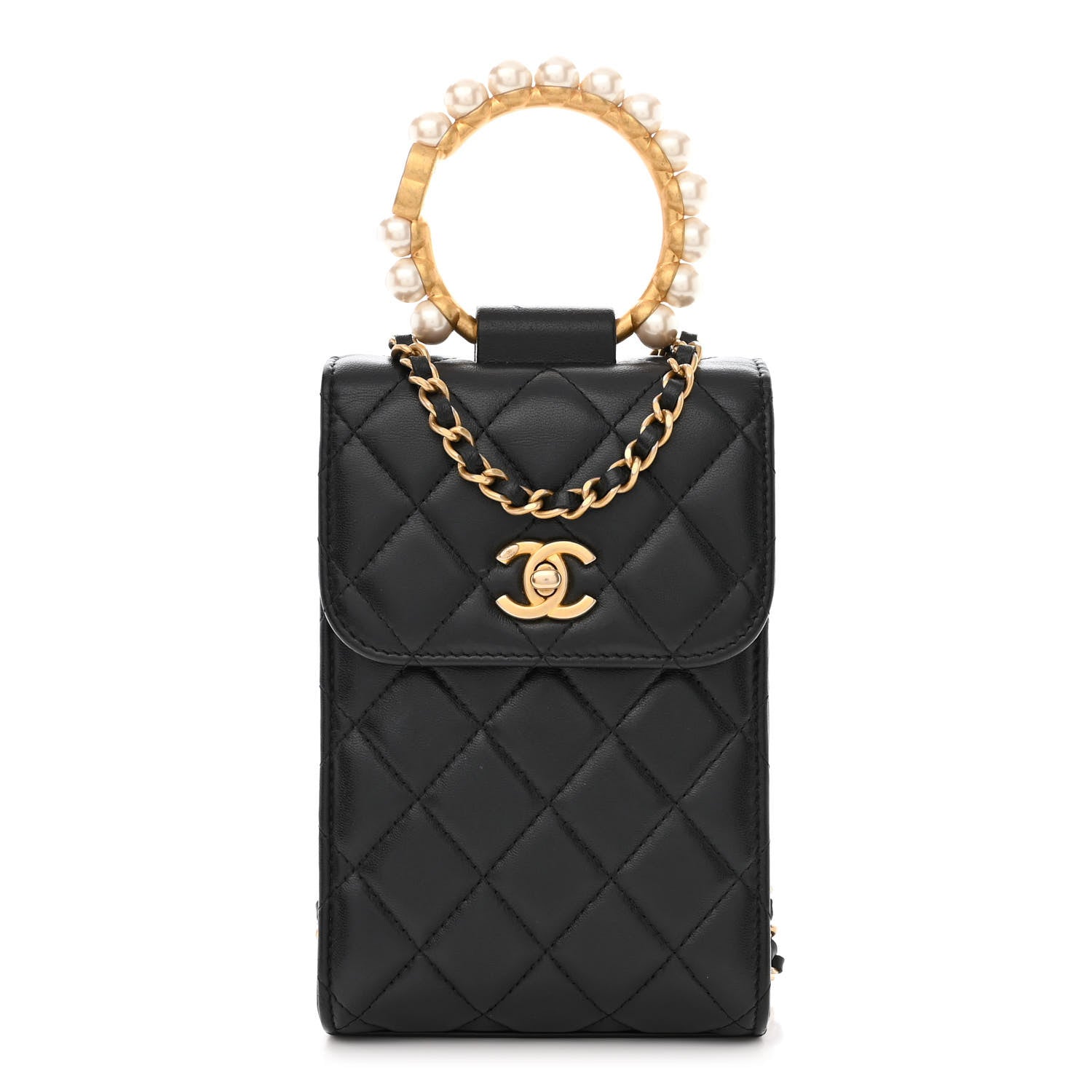 Chanel Lambskin Quilted Pearl Crown Phone Holder Black 1 of 11