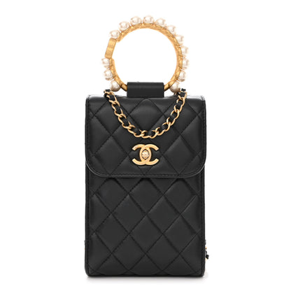 Chanel Lambskin Quilted Pearl Crown Phone Holder Black 1 of 11