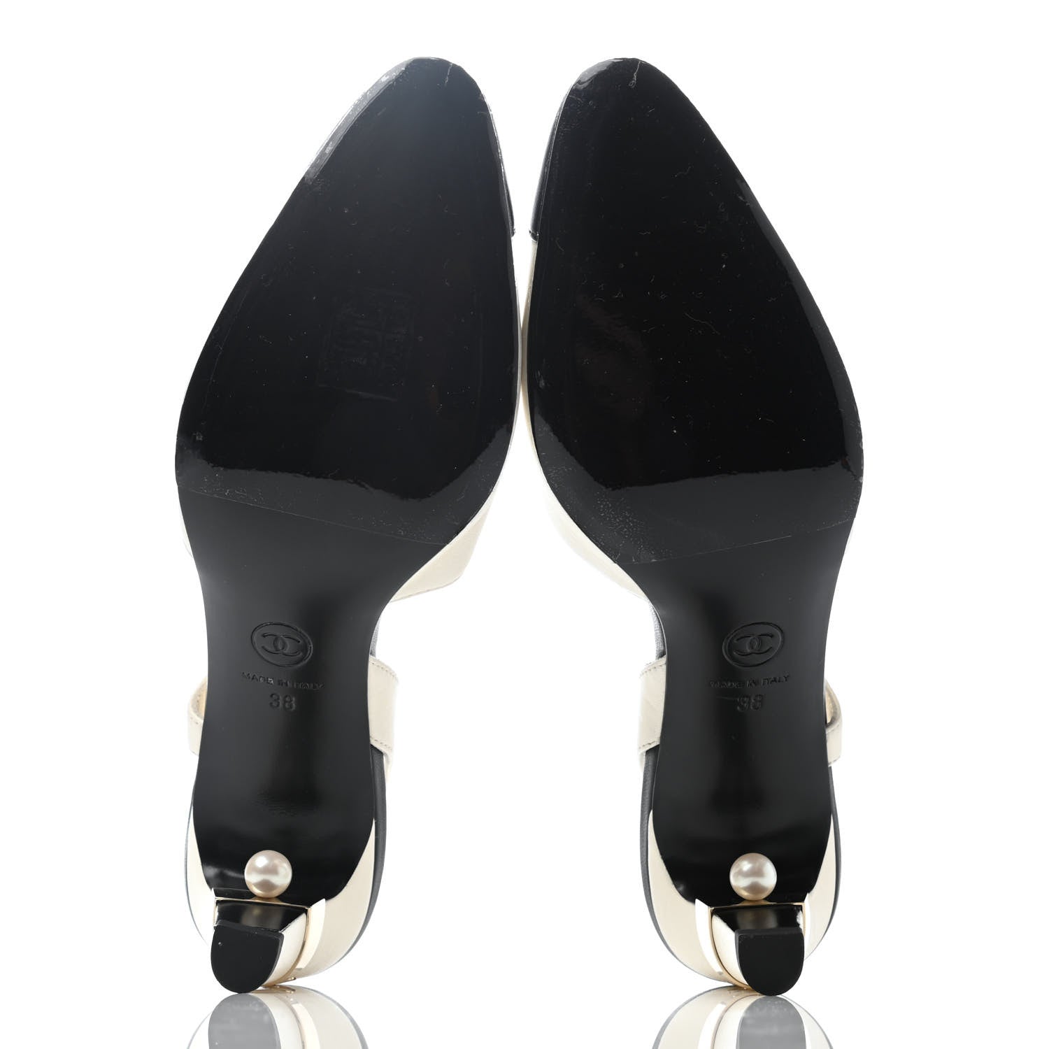 Chanel Lambskin Pearl Cap Toe CC Slingback Pumps 38 Ivory Black 4 of 4