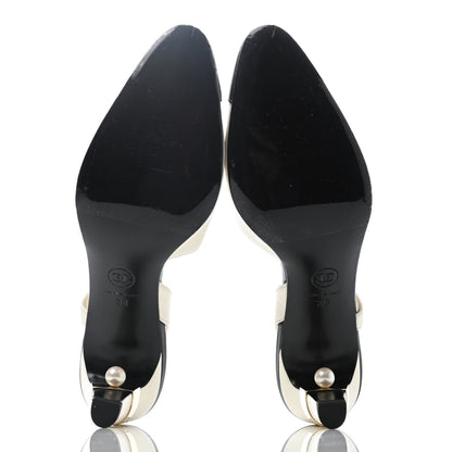 Chanel Lambskin Pearl Cap Toe CC Slingback Pumps 38 Ivory Black 4 of 4