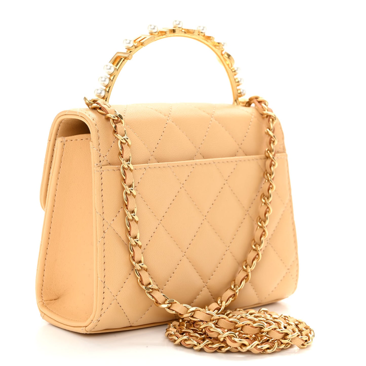 Lambskin Pearl Enamel Quilted Pearly Girl Handle Flap Clutch With Chain Yellow