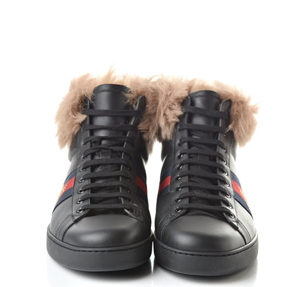 Gucci Calfskin Wool Web Bee Embroidered Mens Ace High Top Sneakers 12.5 Black 2 of 9