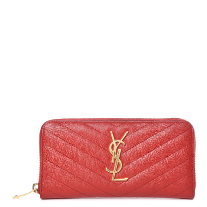 Saint Laurent Grain De Poudre Matelasse Chevron Monogram Zip Around Wallet Red 1 of 7