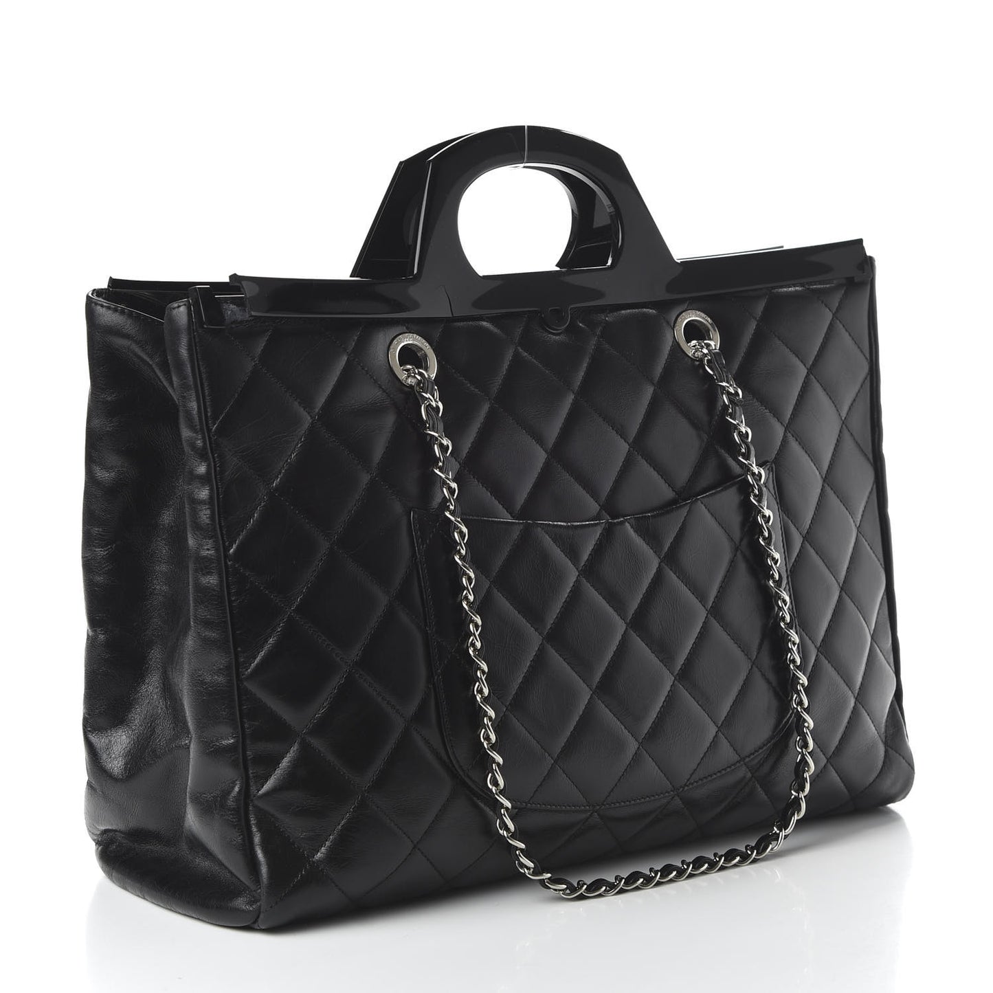 Glazed Calfskin Quilted Large CC Delivery Tote Black